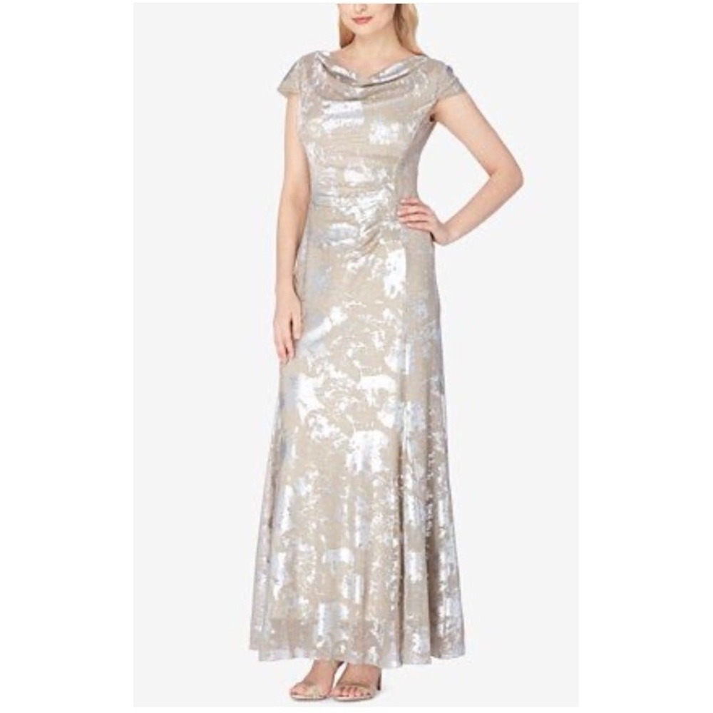 Tahari Womens Metallic Ikat Cowl Neck Gown Dress Silver Gold 99SDM114 Size 16